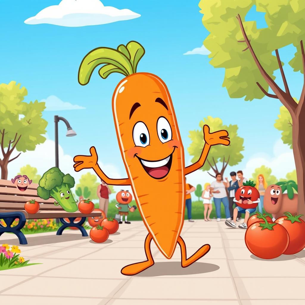 A playful cartoon carrot character with arms and legs, humorously farting in a lively public park setting