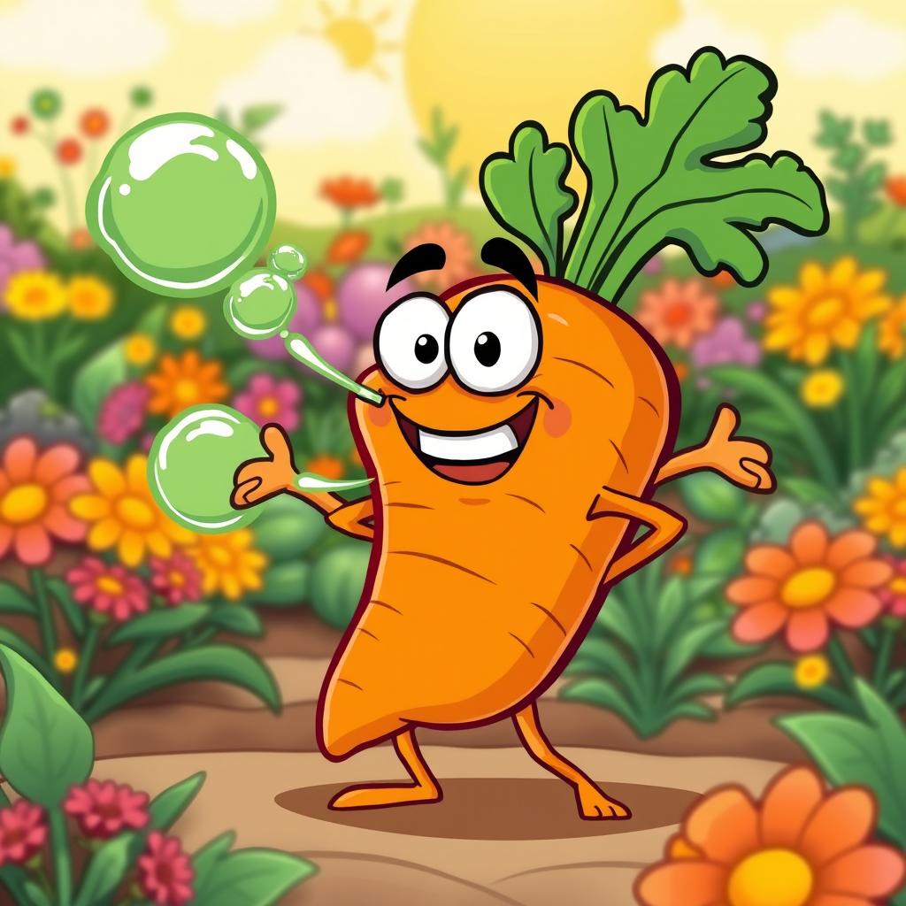 A silly cartoon carrot character with arms and legs, joyfully farting out visible green gas clouds in a comical manner