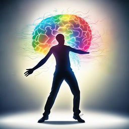 A surreal and symbolic illustration of a person dancing with their own brain. The brain glows with vibrant bursts of creativity, symbolizing a harmonious interplay of intellect and emotion.