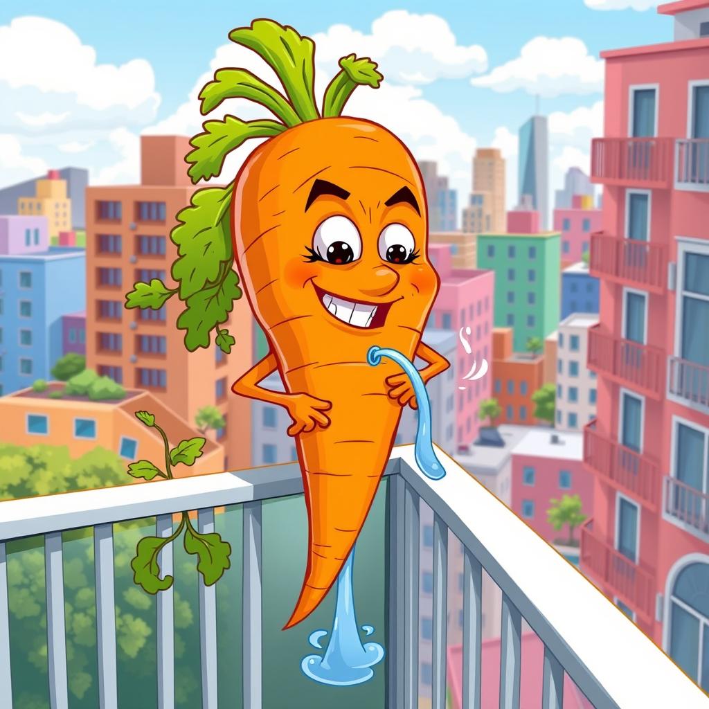 A whimsical and surreal scene featuring a cartoonish carrot character with a mischievous expression, standing on a balcony