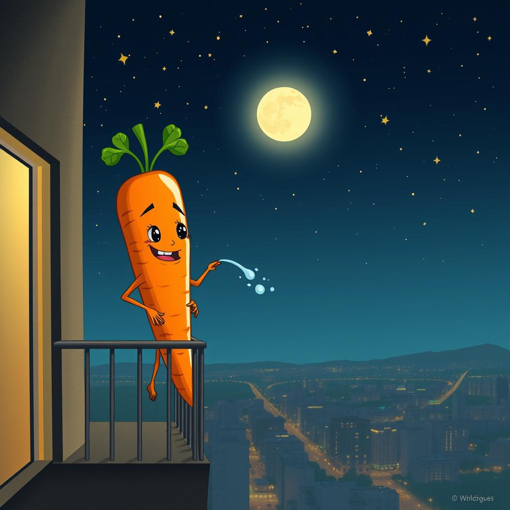 A whimsical and surreal scene featuring a cartoonish carrot character with a mischievous expression, standing on a balcony at night