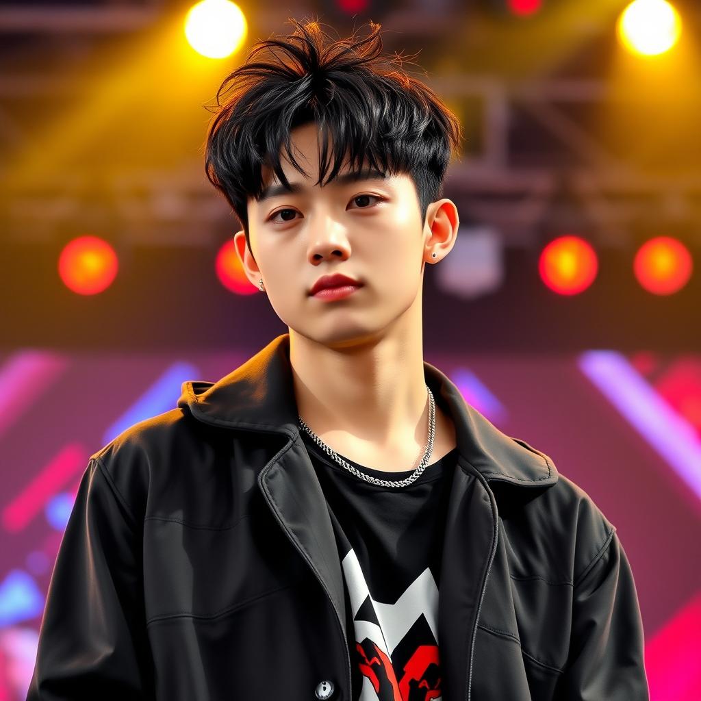 A handsome Chinese K-pop boy, showcasing a trendy and charismatic appearance