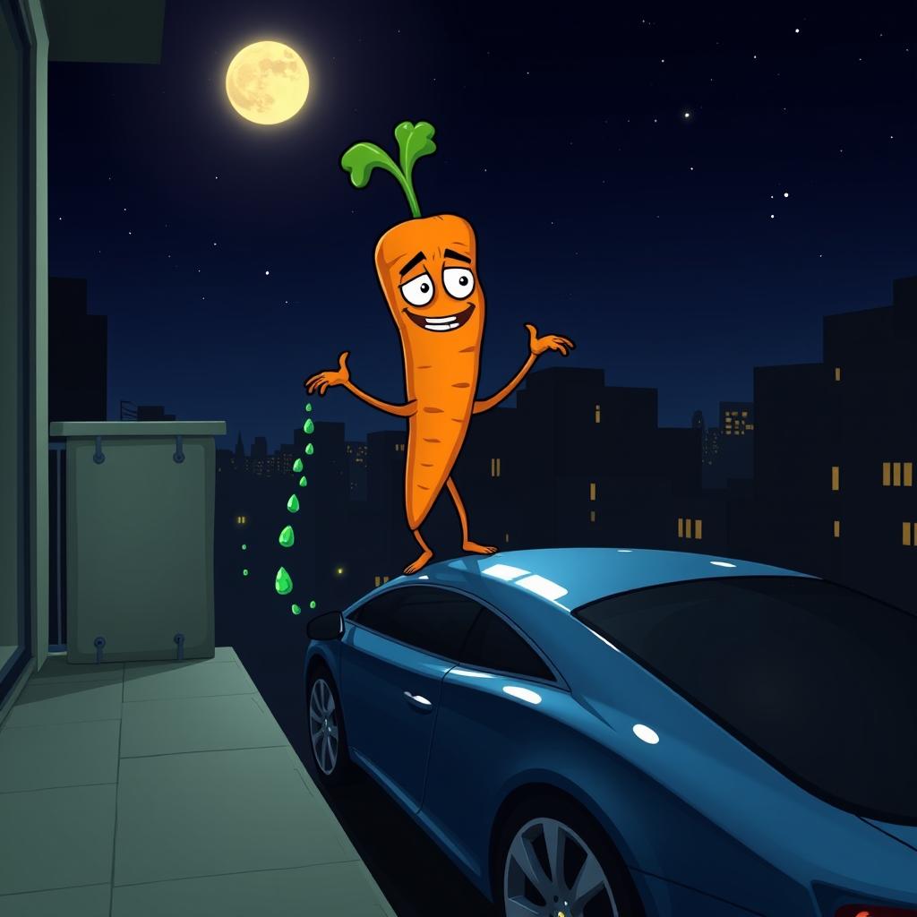 A whimsical and surreal scene featuring a cartoonish carrot character with a mischievous expression, standing on a balcony at night