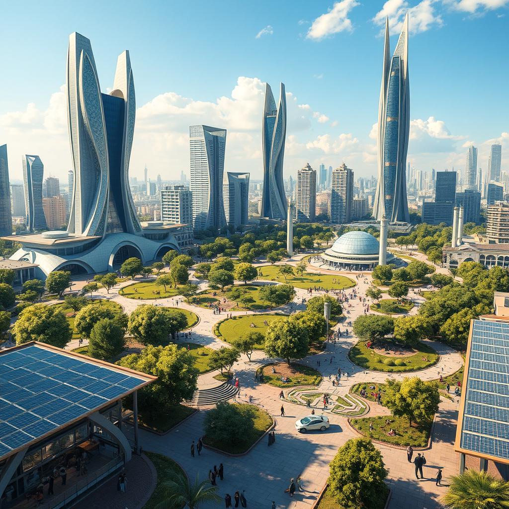 A futuristic vision of Iran in the year 2050, featuring advanced architecture blending traditional Persian designs with modern technology