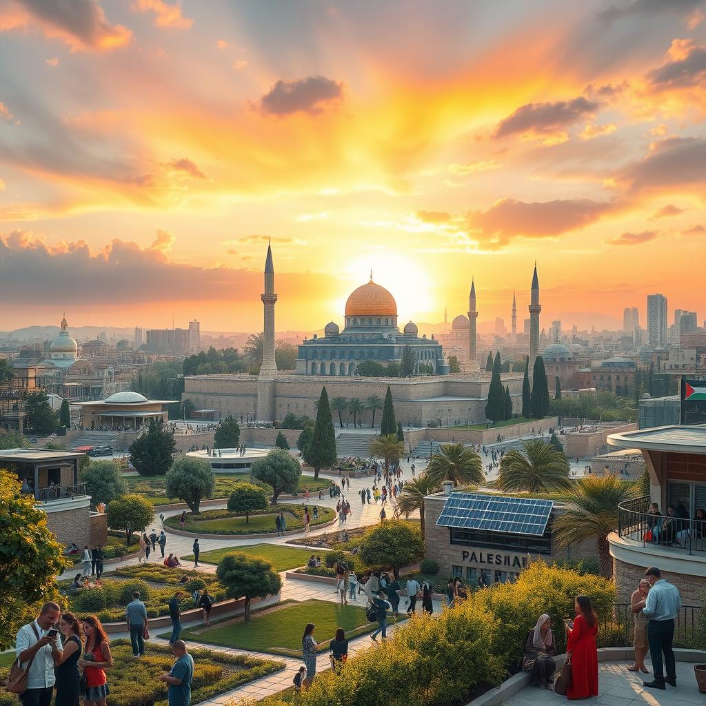 A futuristic landscape of Palestine in 2050, showcasing advanced architecture blending traditional aesthetics with modern technology