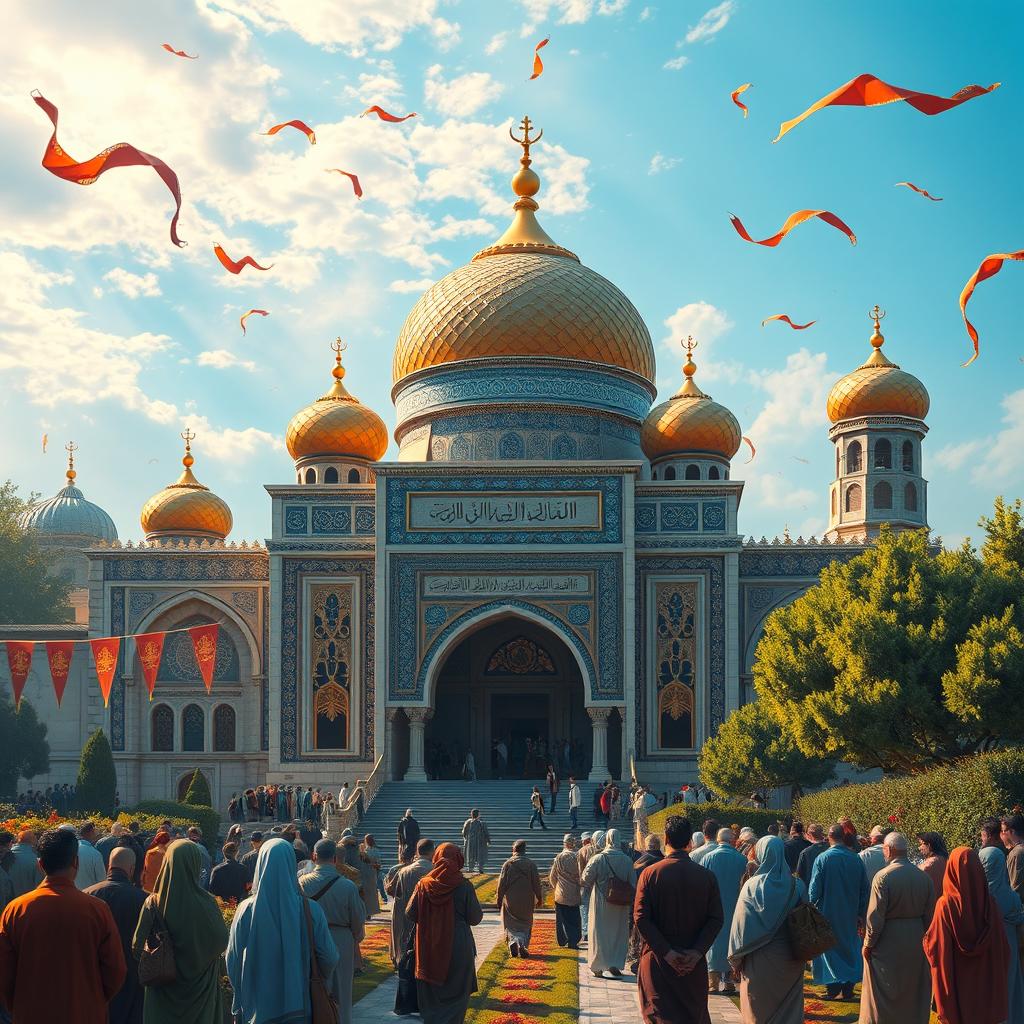A vibrant and atmospheric depiction of the Holy Shrine of Fatima Zahra (حضرت زهرا) in the year 1405 of the Persian calendar (2026 AD), showcasing its beautiful architecture adorned with intricate tile work, glowing golden domes, and fluttering banners