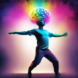 A surreal and symbolic illustration of a person dancing with their own brain. The brain glows with vibrant bursts of creativity, symbolizing a harmonious interplay of intellect and emotion.