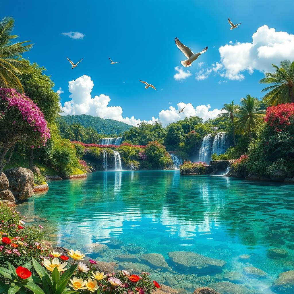 A stunning depiction of paradise, featuring vibrant greenery, flowers in full bloom, and a clear blue sky