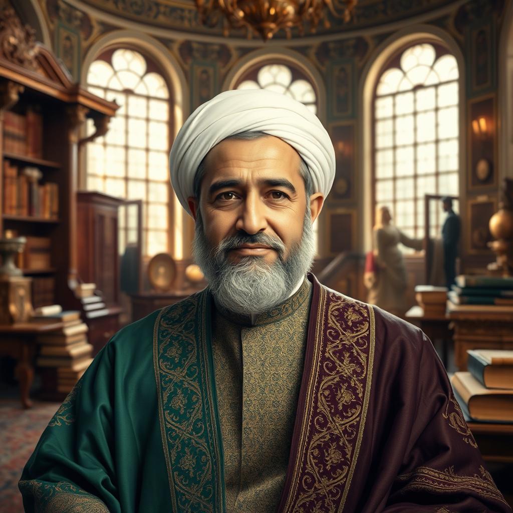 Portrait of an Iranian leader, depicted as a wise and strong figure, wearing traditional Iranian clothing with intricate patterns