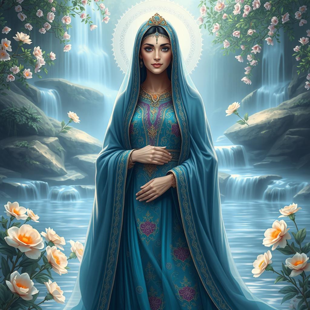 A stunning and serene representation of Lady Fatimah (حضرت زهرا), portrayed as the 'Queen of Water