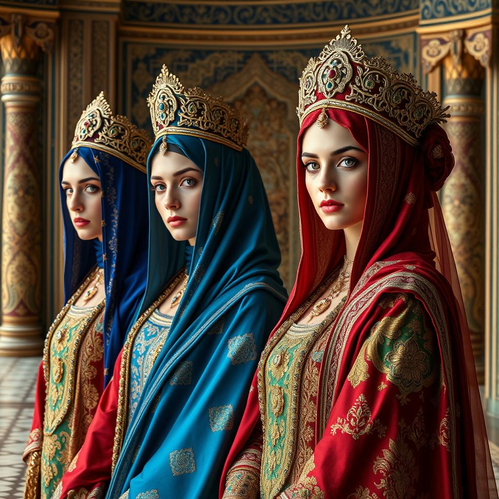 A beautifully detailed representation of ancient Persian queens' attire