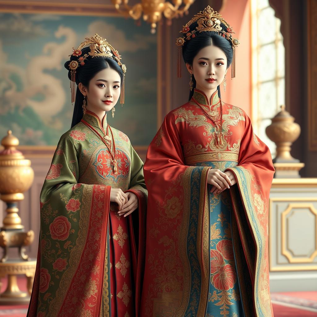 A beautiful depiction of Chinese queens in traditional royal attire, showcasing a variety of intricate and colorful garments