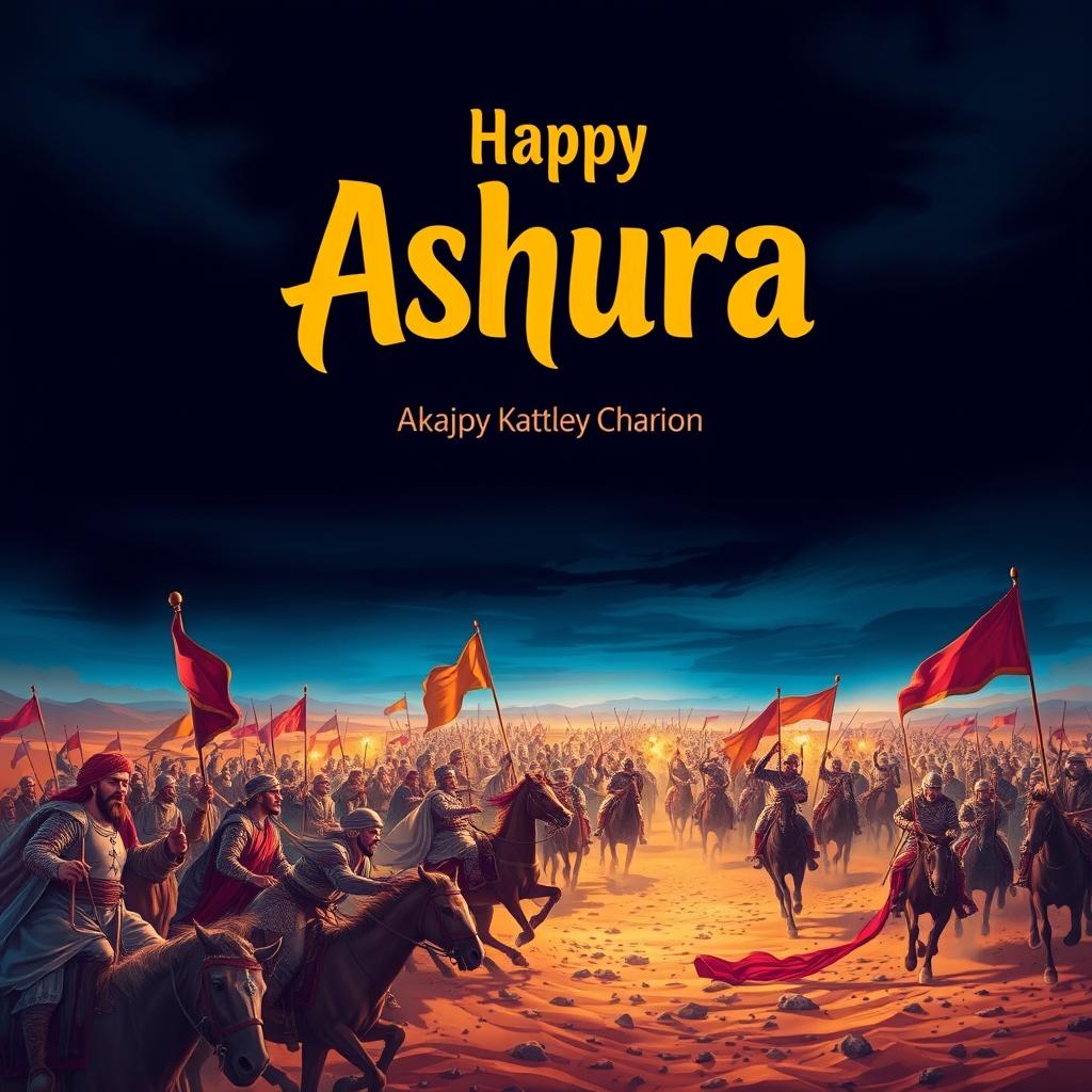 A dramatic and poignant scene depicting the historical event of Ashura, illustrating the Battle of Karbala