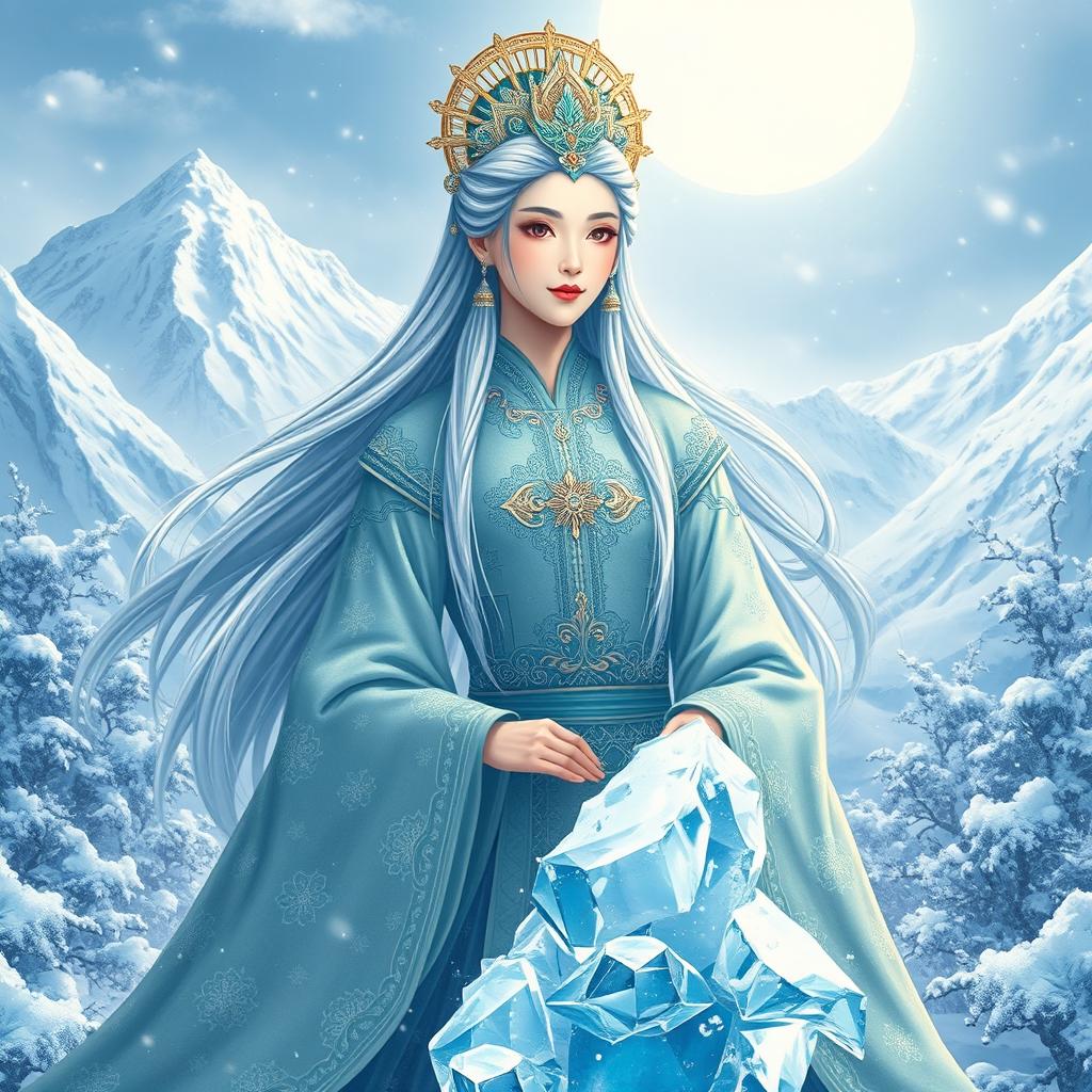An ancient Chinese ice queen, depicted in a stunning traditional outfit with intricate patterns and delicate embroidery, surrounded by a beautiful winter landscape