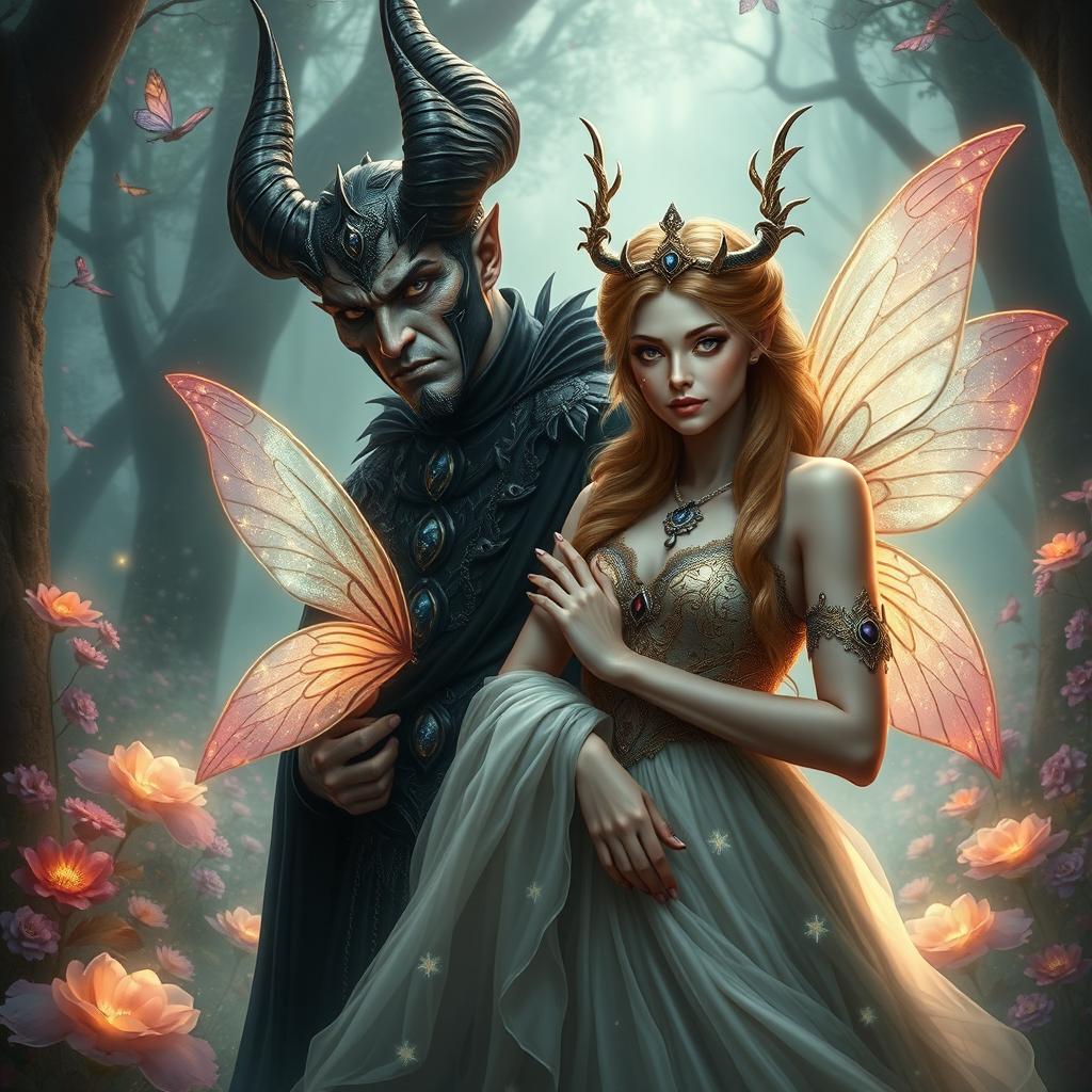 A striking portrait of a powerful demon king, exuding an air of authority and darkness, standing beside his enchanting fairy queen, who radiates beauty and grace
