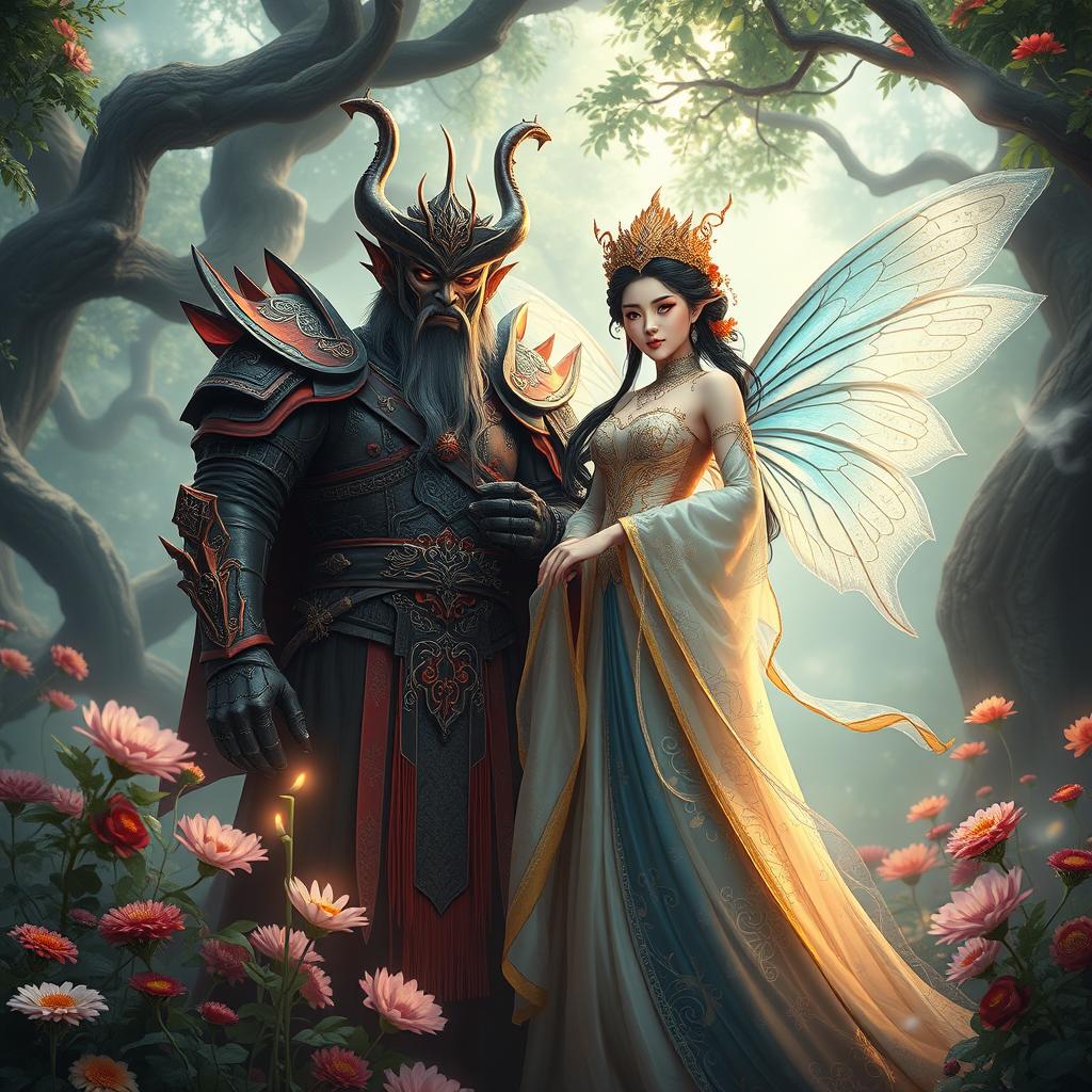 A scene depicting a powerful demon king alongside his enchanting fairy queen, both dressed in exquisite traditional ancient Chinese attire