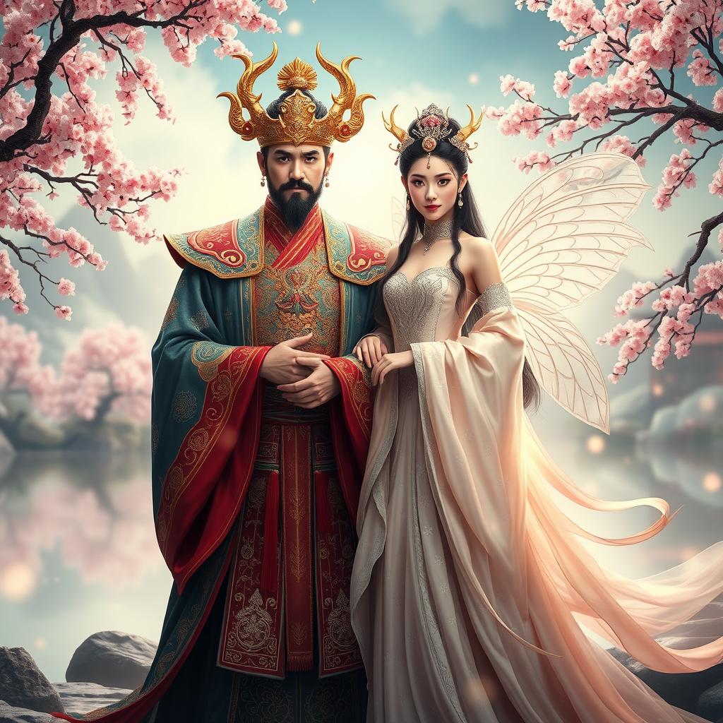 A majestic scene featuring the King of Demons dressed in ancient Chinese royal attire, showcasing intricate designs and vibrant colors