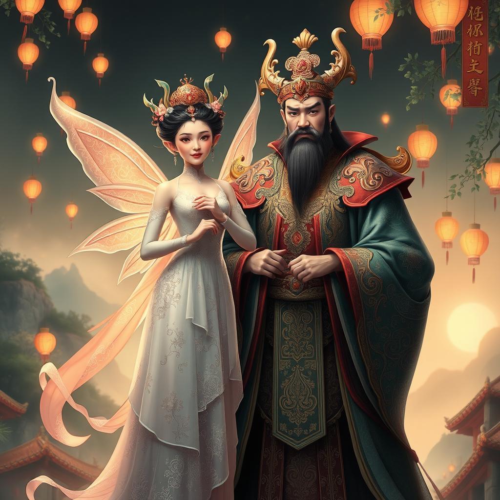 A Chinese demon king without beard and mustache, depicted in an artistic style inspired by ancient Chinese mythology, standing proudly beside his wife, the queen of fairies