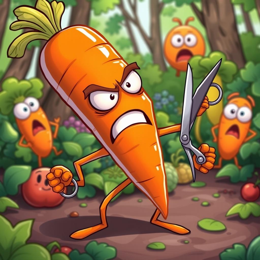 A cartoonish and vibrant scene featuring an angry carrot character with expressive eyes and a frowning mouth, showing its frustration