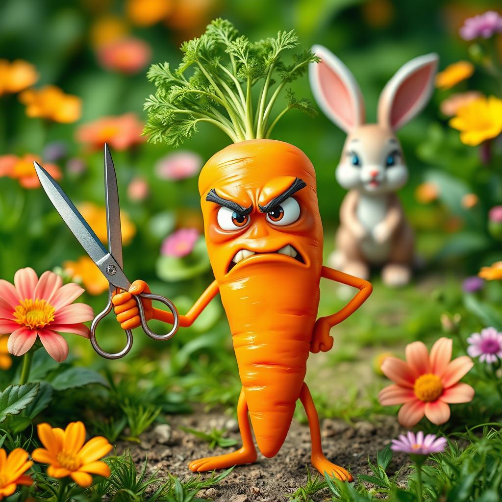 A vibrant and humorous scene featuring an angry carrot character with expressive eyes and a frown, standing confidently with hands and legs