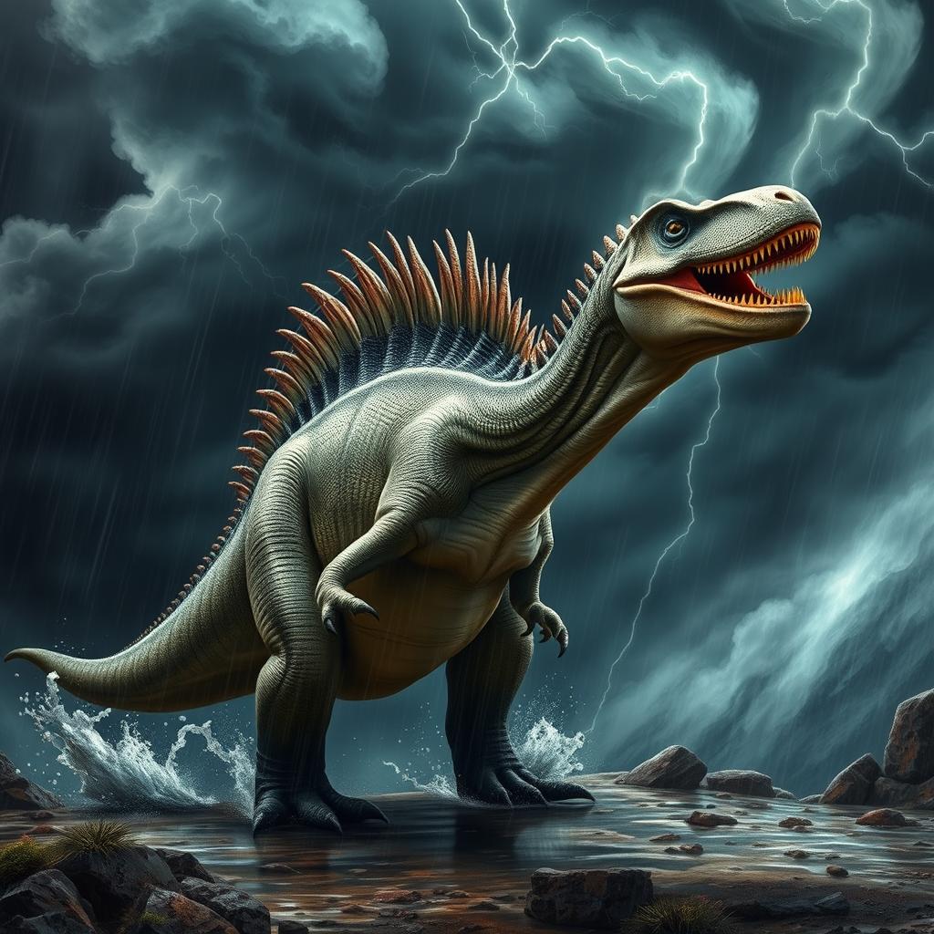 A majestic Spinosaurus depicted in dramatic detail, standing confidently amidst a fierce storm