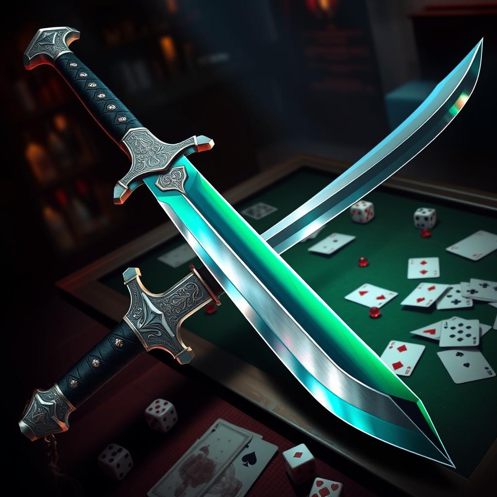 A magnificent two-handed sword known as the Gambler's Blade, designed with a sleek and elegant form that reflects both beauty and deadly efficiency