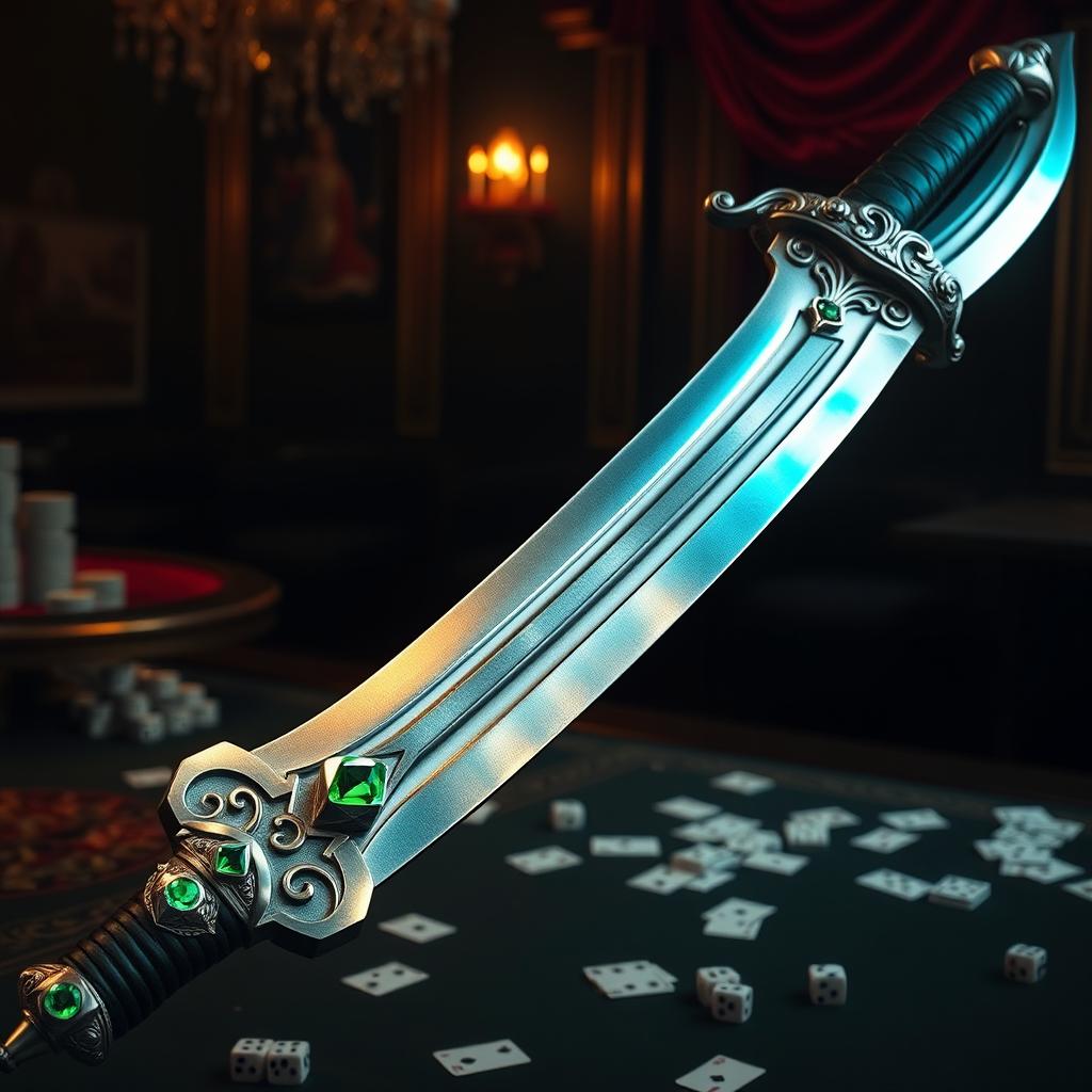 A stunning two-handed sword known as the Gambler's Blade, showcasing a captivating design that balances elegance and deadly precision