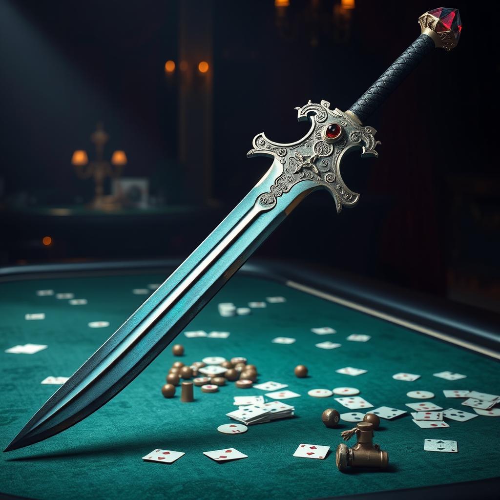 An extraordinary two-handed sword known as the Gambler's Blade, blending artistry and lethal design in its appearance