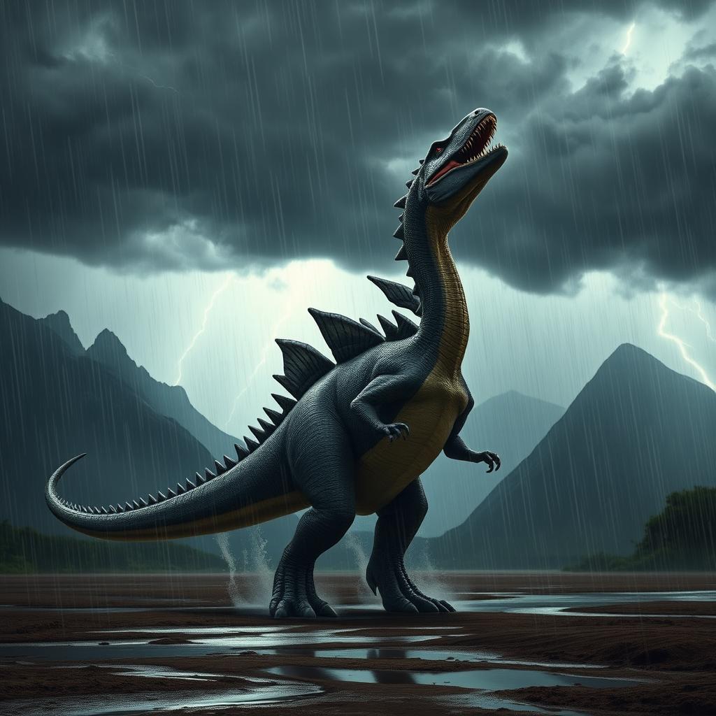 A majestic Spinosaurus standing tall amidst a fierce storm, its massive sail elevated prominently
