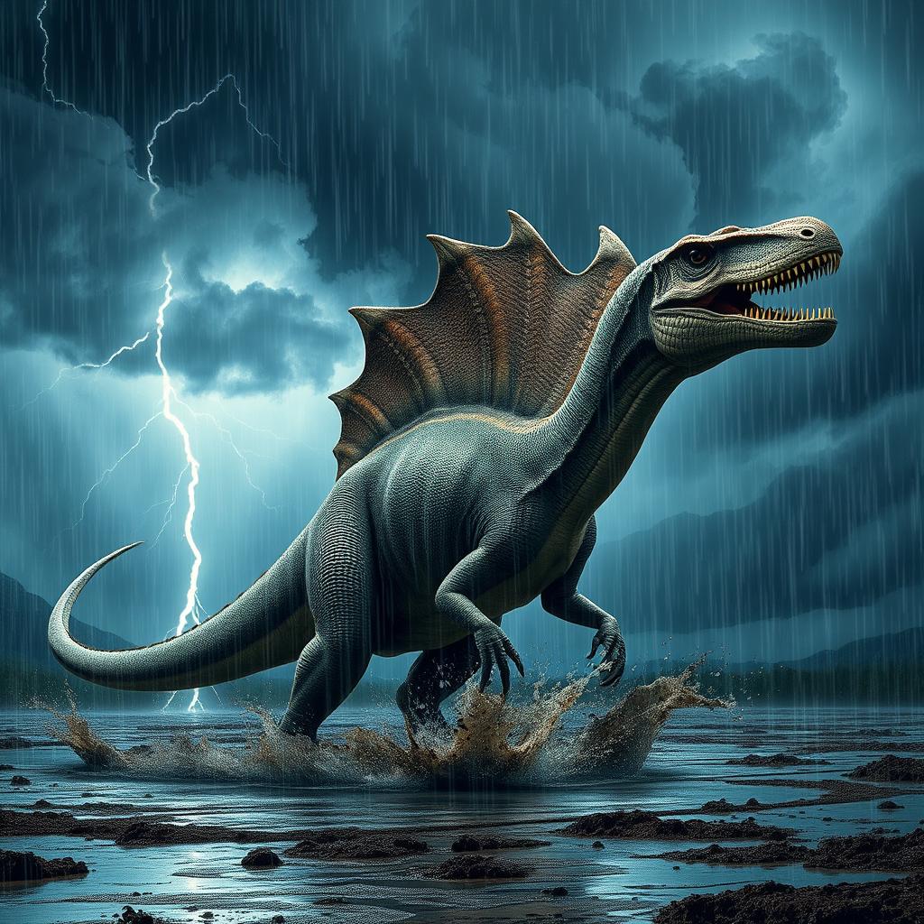 A hyper-realistic depiction of a Spinosaurus, standing powerfully in the midst of a violent storm