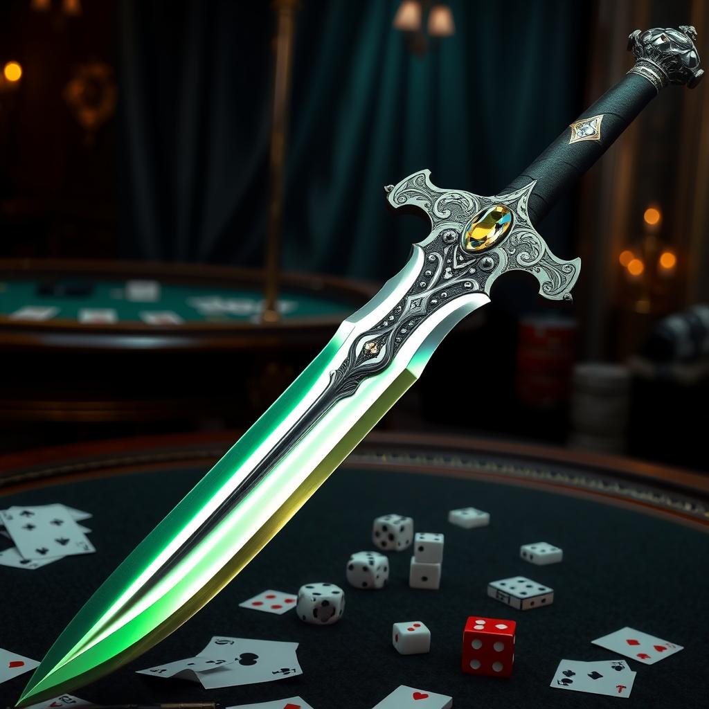 An extraordinary two-handed sword known as the Gambler's Blade, showcasing a striking design that captures the essence of luck and skill in gambling