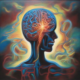 A symbolic painting representing a ballad featuring a human figure closely intertwined with their own luminous, pulsating brain, capturing a deep relationship between the self and the mind.