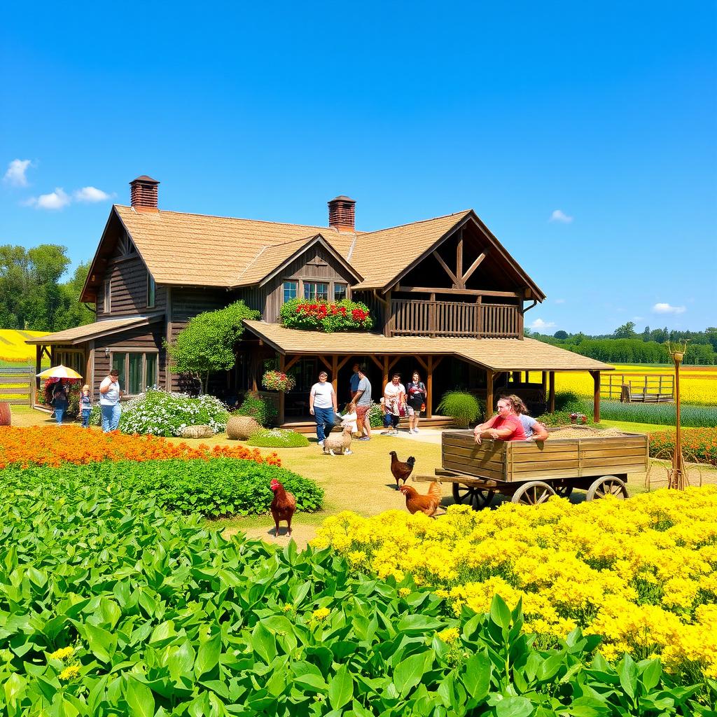 A picturesque agro tourism scene featuring a charming farmhouse surrounded by vibrant fields of crops