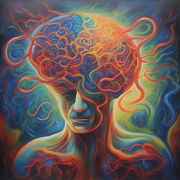 A symbolic painting representing a ballad featuring a human figure closely intertwined with their own luminous, pulsating brain, capturing a deep relationship between the self and the mind.