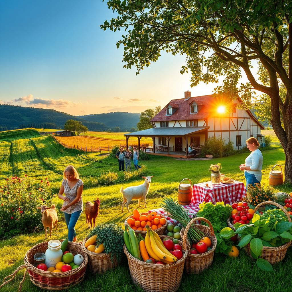 A picturesque scene showcasing agritourism in a vibrant countryside setting