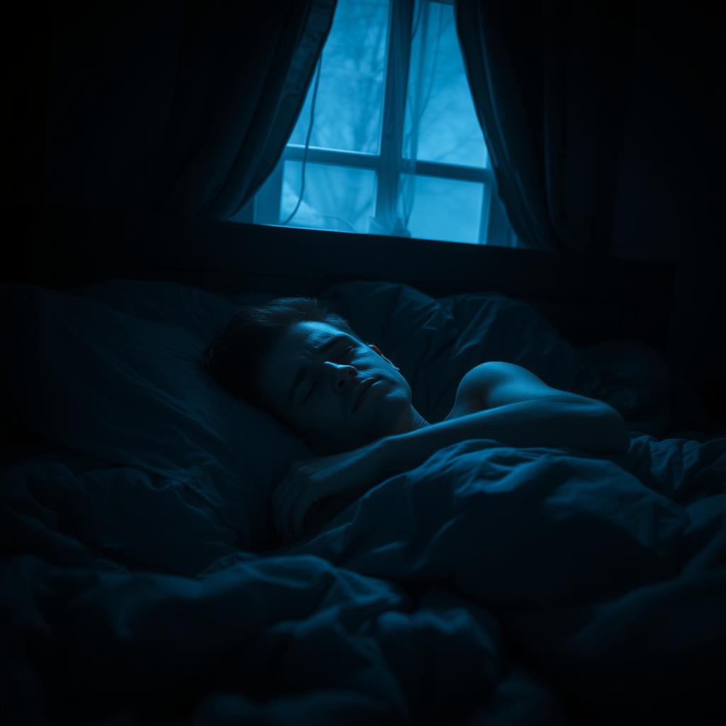 A person sleeping restlessly in bed at night, their expression reflecting visible discomfort and unease