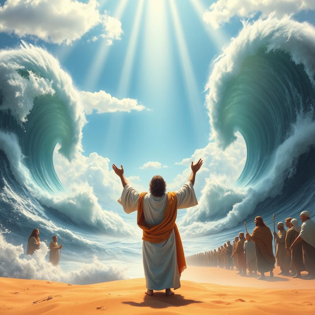 An epic scene of Moses standing at the forefront, arms raised triumphantly as he parts the Red Sea