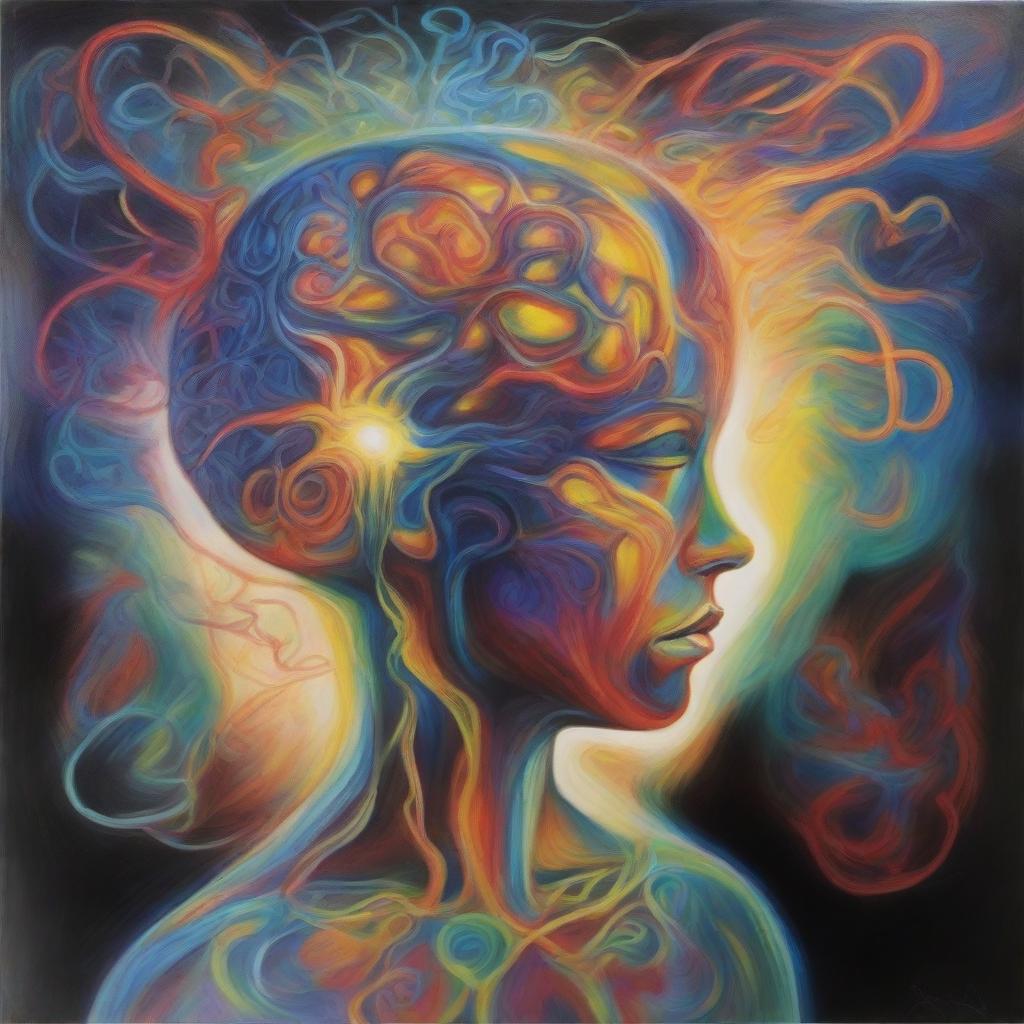 A symbolic painting representing a ballad featuring a human figure closely intertwined with their own luminous, pulsating brain, capturing a deep relationship between the self and the mind.