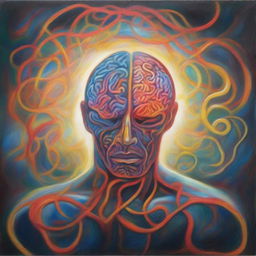 A symbolic painting representing a ballad featuring a human figure closely intertwined with their own luminous, pulsating brain, capturing a deep relationship between the self and the mind.