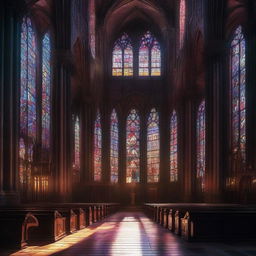 Cyberpunk styled image depicting the interior of a cathedral with stained glass windows. The light streaming in illuminates the otherwise dark ambiance.