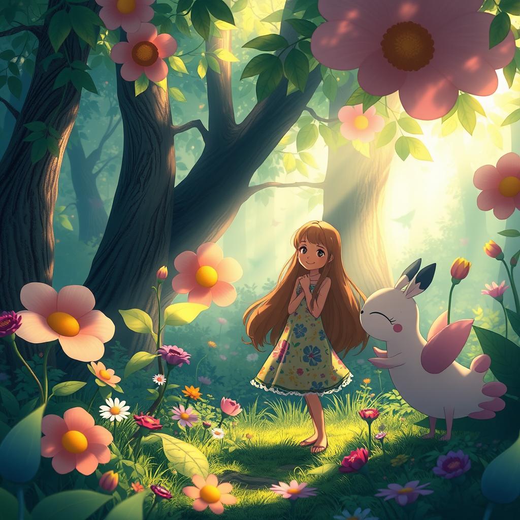 A whimsical and enchanting scene inspired by Studio Ghibli art style, featuring a young girl with long, flowing hair wearing a colorful dress, standing in a lush, vibrant forest filled with oversized flowers and fantastical creatures