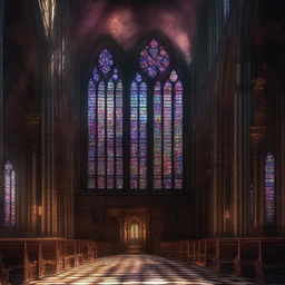 Cyberpunk styled image depicting the interior of a cathedral with stained glass windows. The light streaming in illuminates the otherwise dark ambiance.