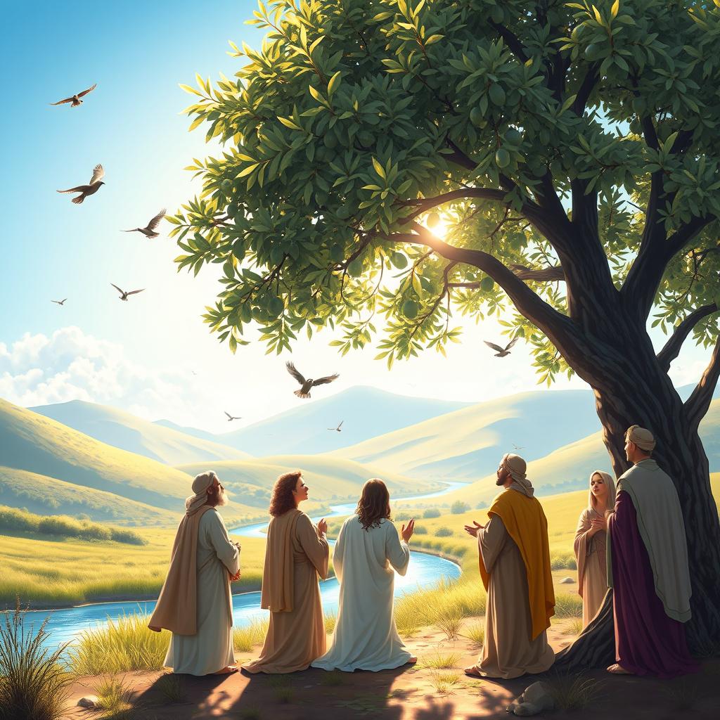 A serene and inspiring biblical scene, depicting a beautiful landscape with a bright blue sky, lush green hills, and a gentle river flowing