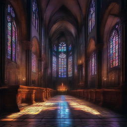 Cyberpunk styled image depicting the interior of a cathedral with stained glass windows. The light streaming in illuminates the otherwise dark ambiance.