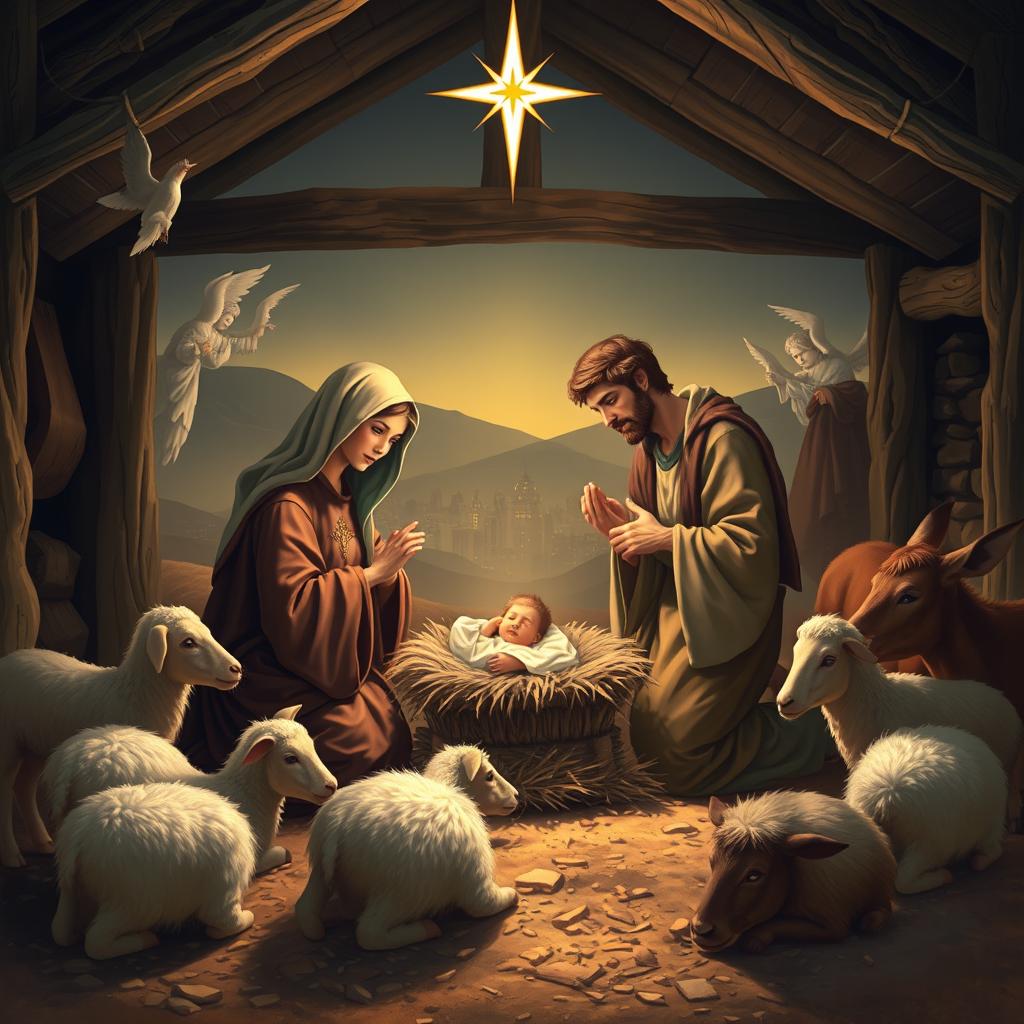 The Nativity scene depicting the birth of Jesus Christ, with Mary and Joseph adoring the newborn Jesus in a humble manger