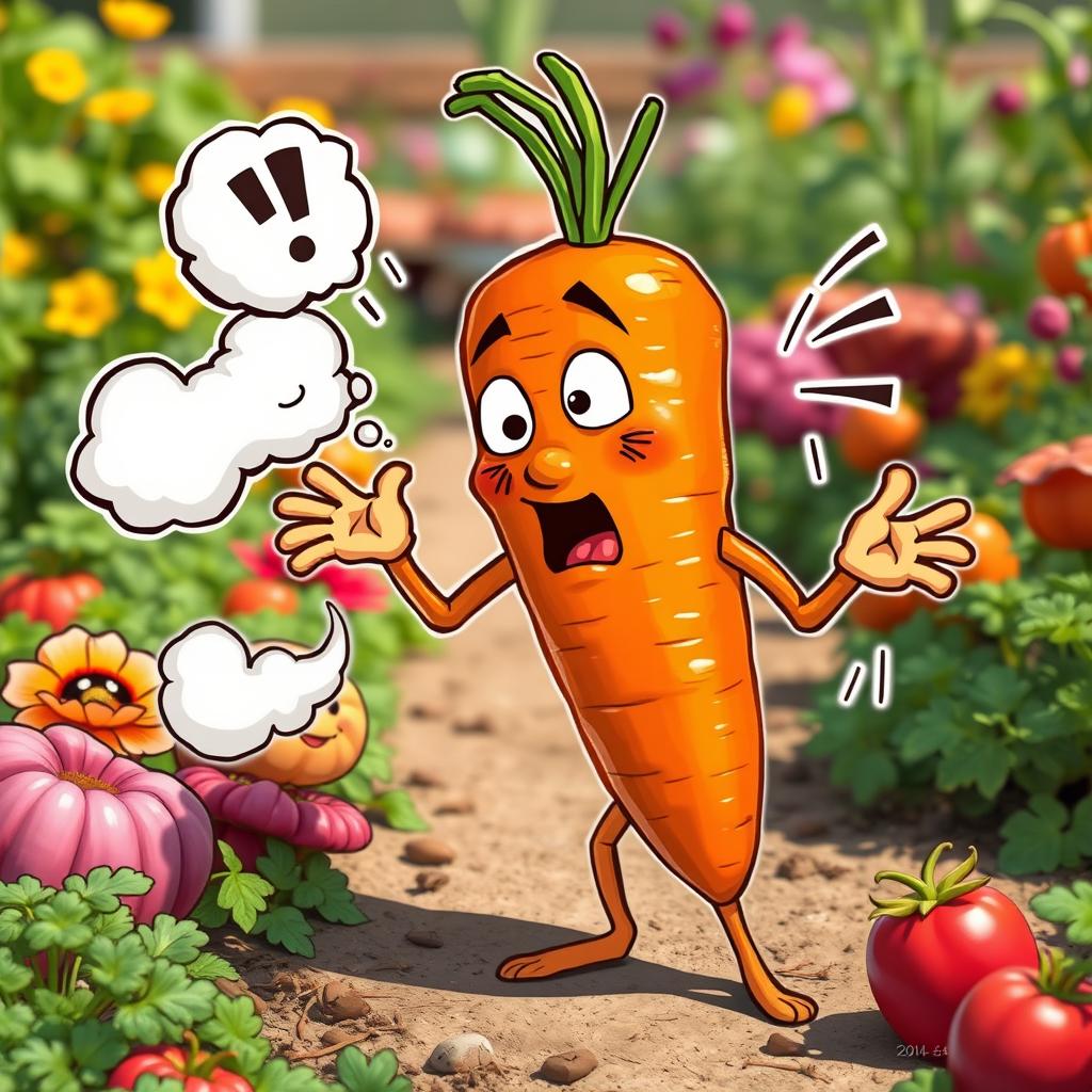 A humorous and realistic depiction of a carrot character with human-like hands and legs in a playful pose, showing a comical expression of surprise and mischief