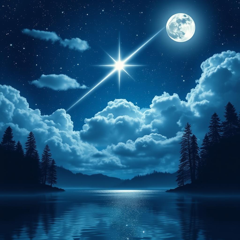 A stunning scene featuring a bright, glowing falling star streaking across a serene night sky, surrounded by soft, fluffy clouds