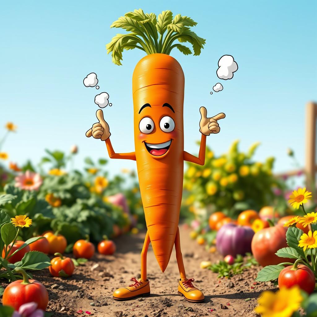 A humorous and realistic depiction of a proud carrot character with human-like hands and legs, standing tall with a confident posture