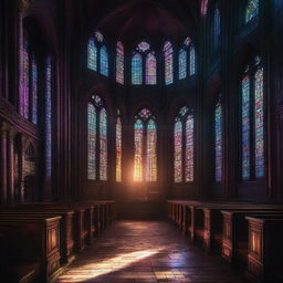 Cyberpunk styled image depicting the interior of a cathedral with stained glass windows. The light streaming in illuminates the otherwise dark ambiance.