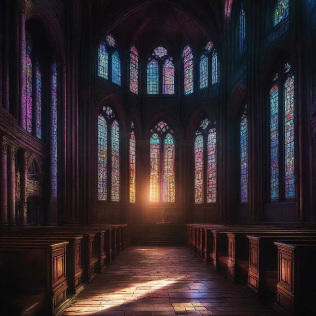 Cyberpunk styled image depicting the interior of a cathedral with stained glass windows. The light streaming in illuminates the otherwise dark ambiance.